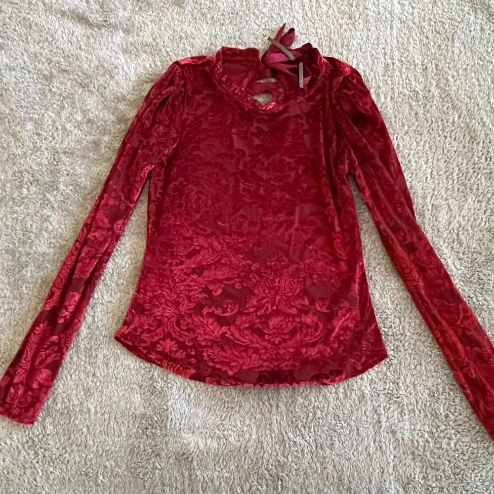 By Anthropologie Red Burnout blouse - Picture 3 of 5